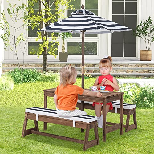 Wooden Kids Picnic Table & Bench Set with Umbrella I44634