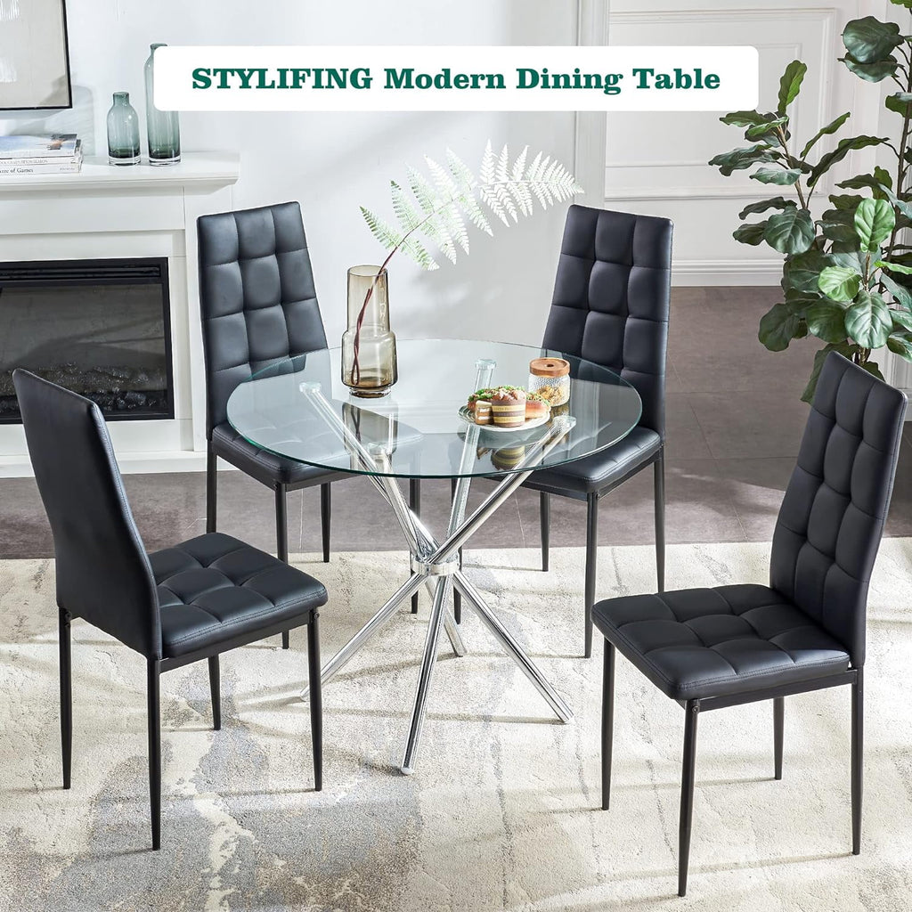 Round Glass Dining Table with Tempered Glass Top and Chrome Plated Metal Legs Y139