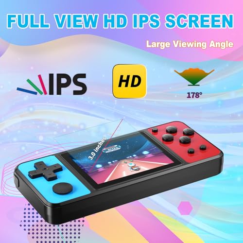32 Bit Kids Handheld Games Preloaded 139 Video Games Portable Electronic Toys with 3.0" IPS Screen Rechargeable Battery (Blue-Red) W7739