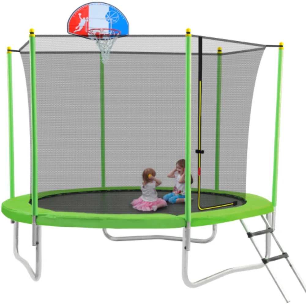 10FT Round Trampoline with Safety Enclosure Net, Basketball Hoop and Ladder N224