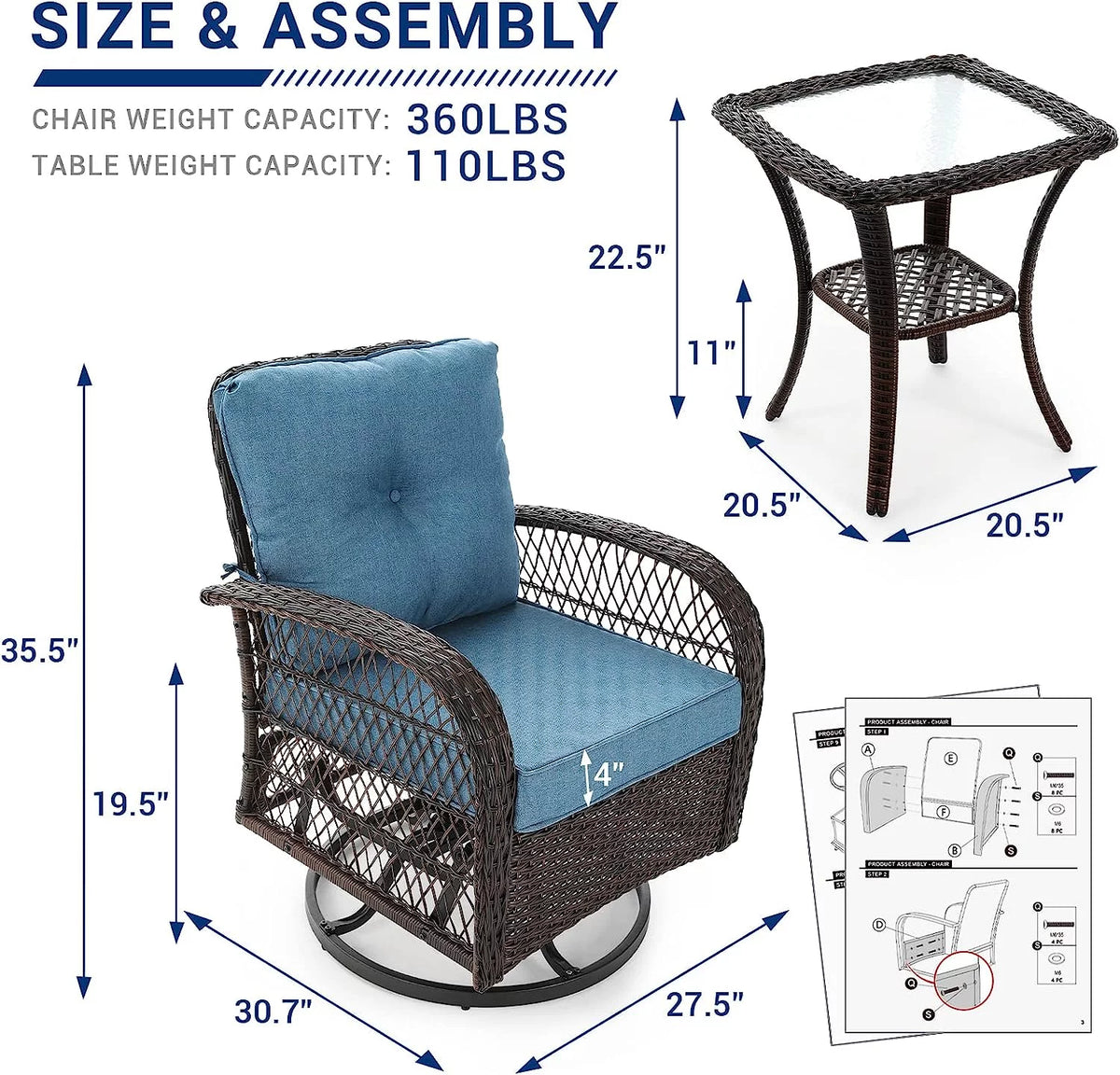 3 Pieces Wicker Patio Bistro Set with Glass Top Side Table I1536