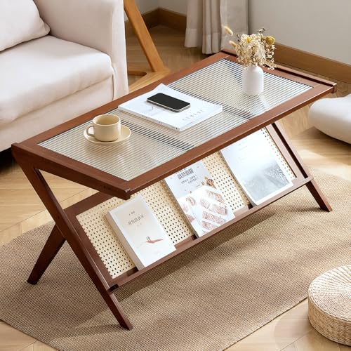 Boho Rattan Coffee Table with Glass Top & Rattan Shelf Q699