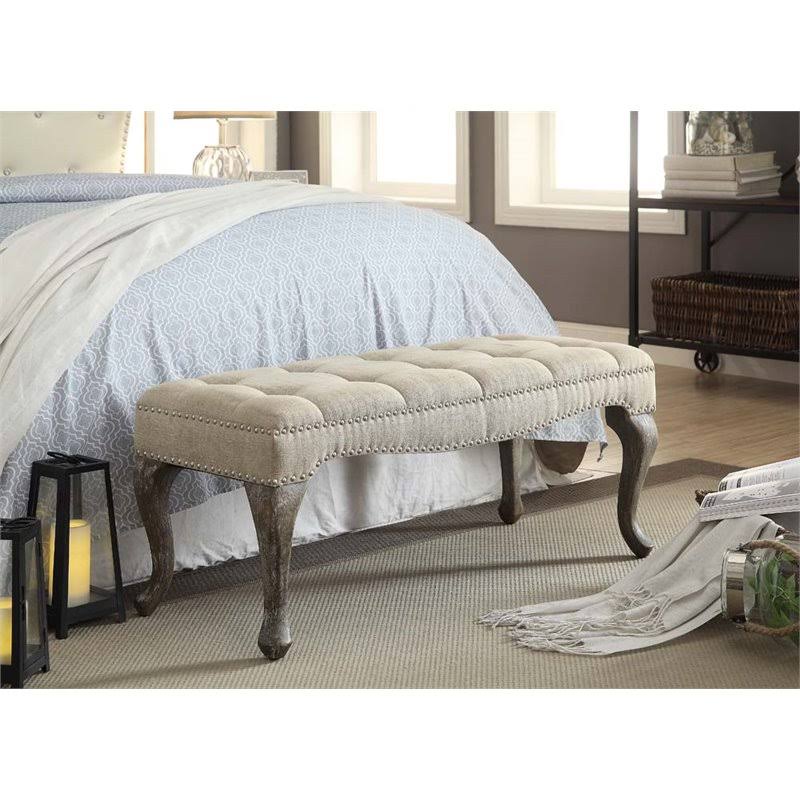 Linen Nailhead Bedroom Bench in Washed Natural Y14228