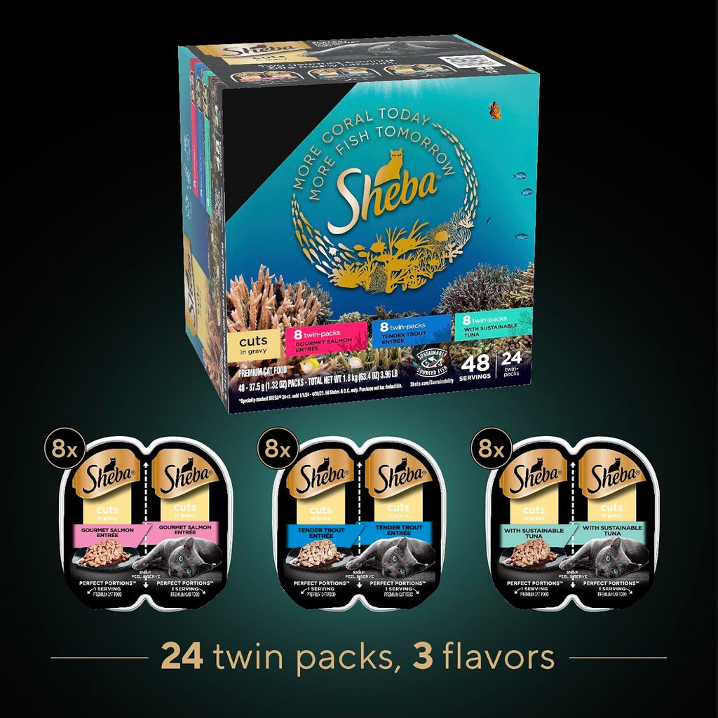 24 Count Wet Cat Food Trays, Salmon Trout Tuna Entrée Variety Pack J36081