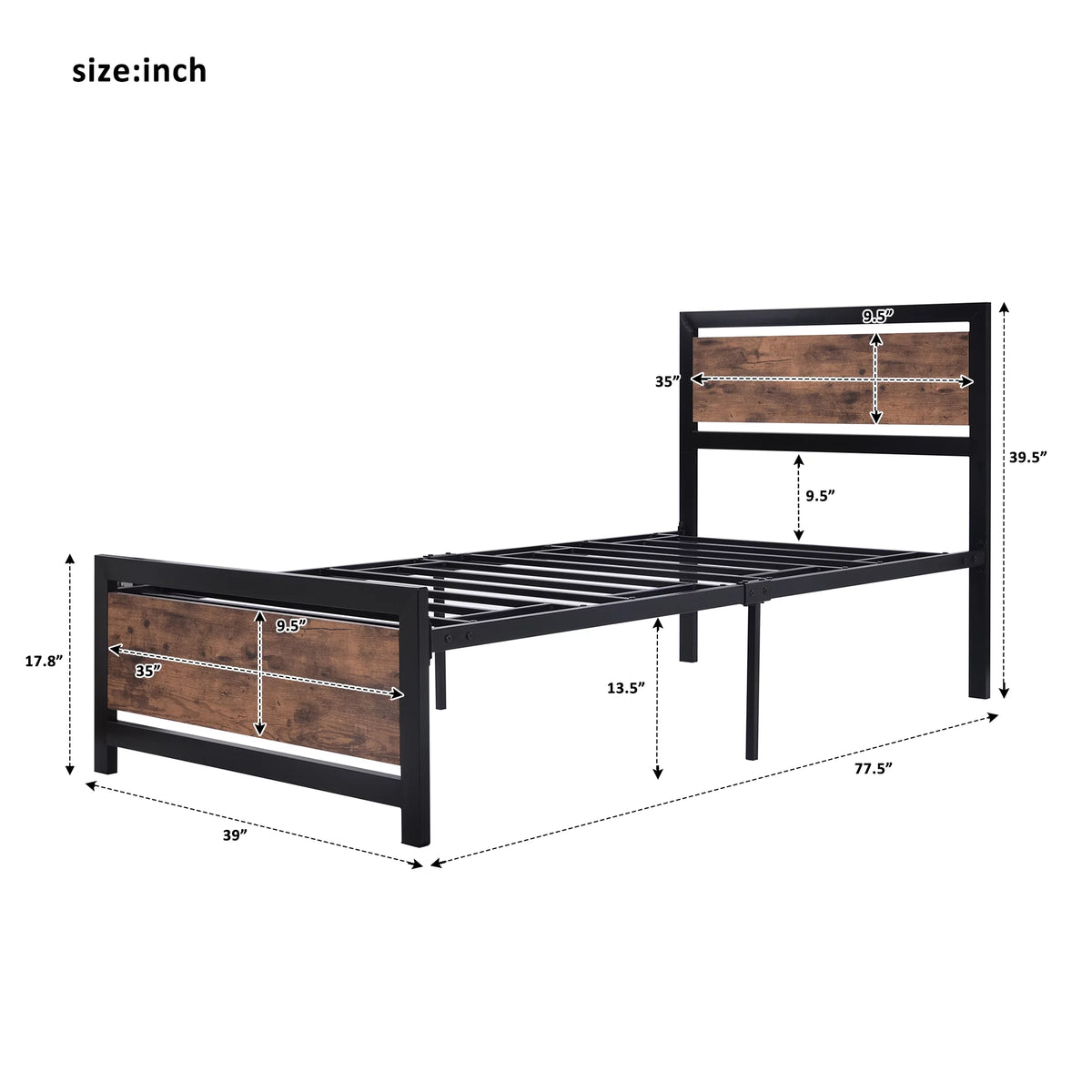 Black Twin Size Metal and Wood Platform Bed with Headboard and Footboard C132923