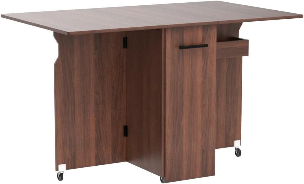 Folding Drop Leaf Dining Table with Wheels and 3 Storage Shelves Brown D32597