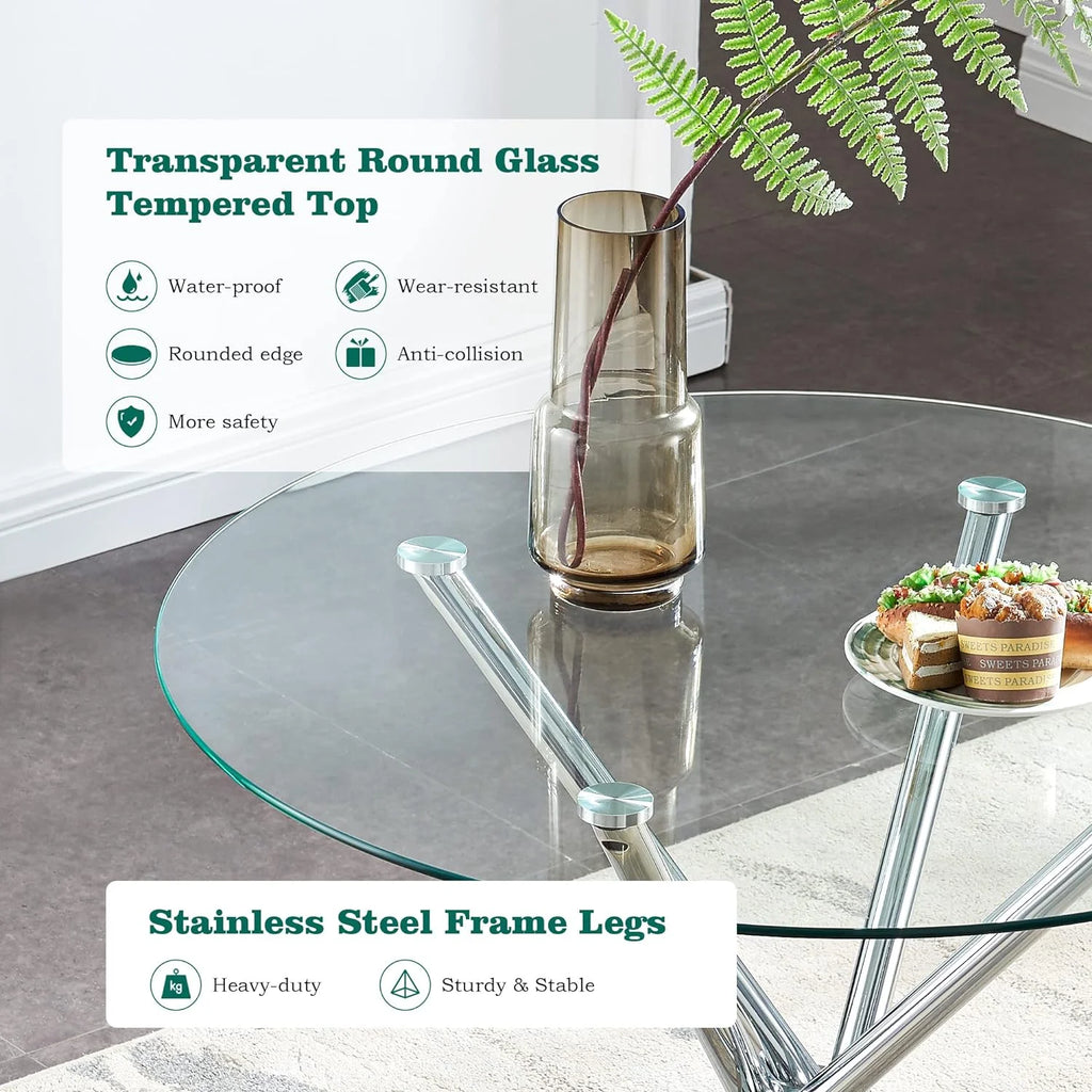 Round Glass Dining Table with Tempered Glass Top and Chrome Plated Metal Legs Y139