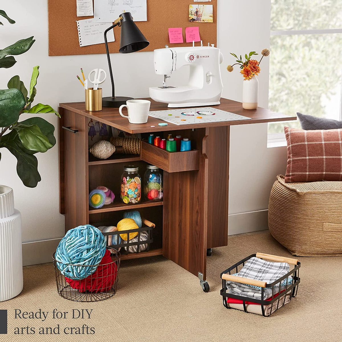 Folding Drop Leaf Dining Table with Wheels and 3 Storage Shelves Brown D32597