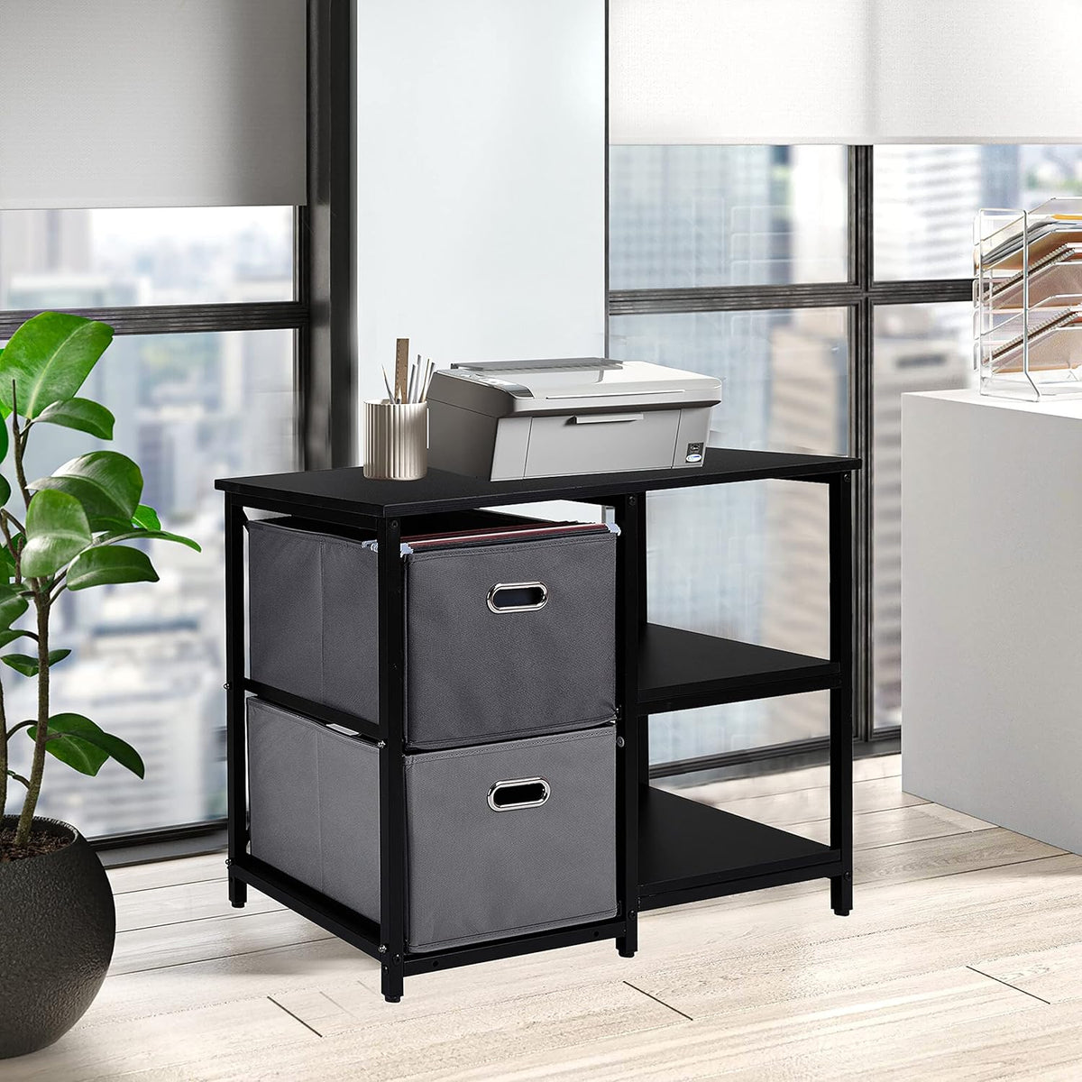 Black 2 Drawer Wooden Lateral File Cabinet with 2 Open Shelves W75244