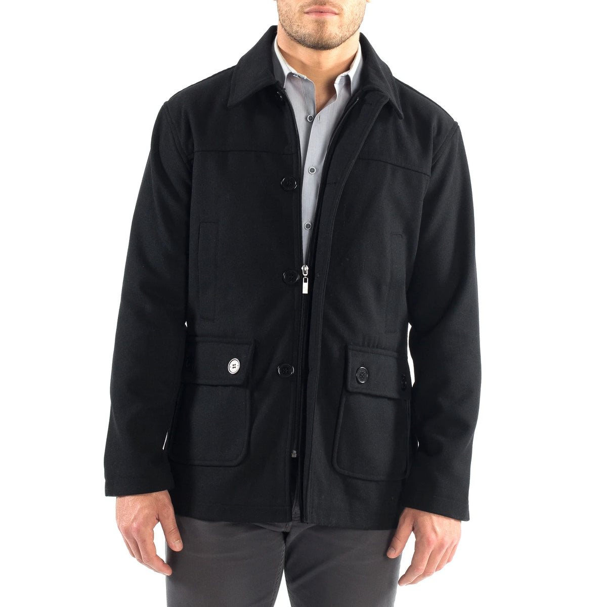 Wool Blend Barn Coat Cargo Pocket Jacket O786