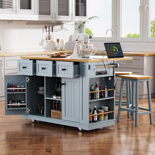 53" Rolling Kitchen Island Set with Power Outlet and Drop Leaf J574