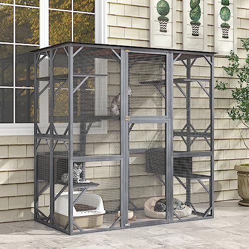 72 Inch Tall Wooden Cat Enclosure with Weatherproof Asphalt Roof M808
