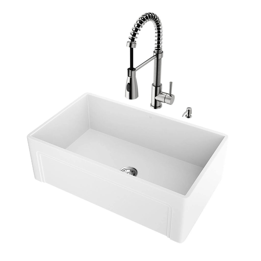 30 in. Matte Stone Farmhouse Kitchen Sink Set with Faucet in Stainless Steel G299811