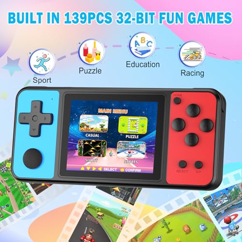 32 Bit Kids Handheld Games Preloaded 139 Video Games Portable Electronic Toys with 3.0" IPS Screen Rechargeable Battery (Blue-Red) W7739