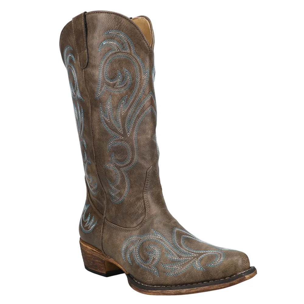 Mid Calf Low Heel 1-2" Round Toe Cowboy Boots P936