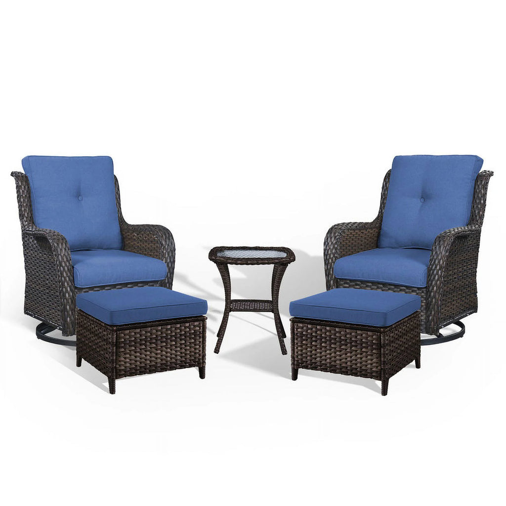 5-Piece Wicker Outdoor Conversation Set with Blue Cushions F39557