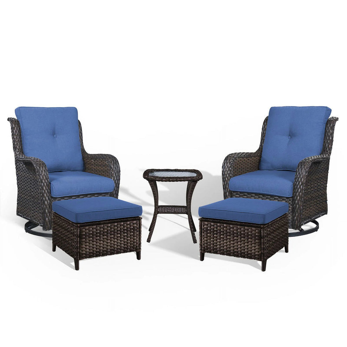 5-Piece Wicker Outdoor Conversation Set with Blue Cushions F39557