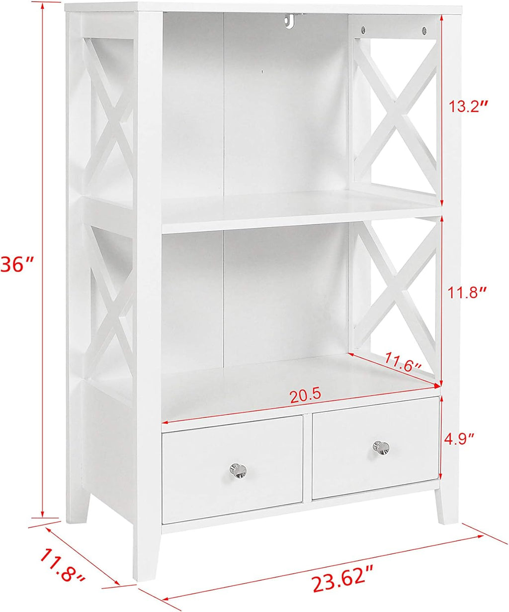 White Freestanding 3-Shelf Bathroom Storage Tower with Two Drawers E3947