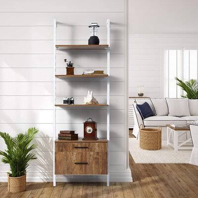 3-Tier Wall-Mounted Bookcase with 2 Wood Drawers Light Wood/White L156222
