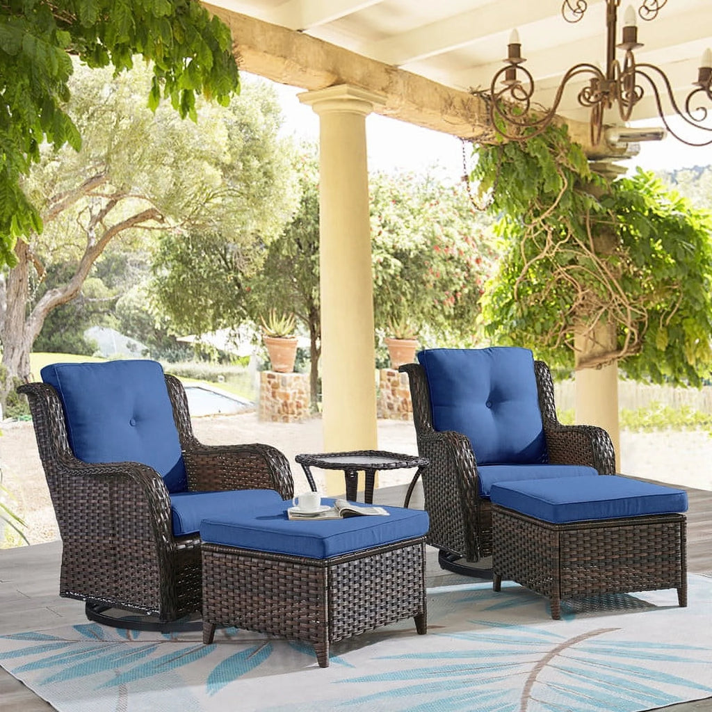 5-Piece Wicker Outdoor Conversation Set with Blue Cushions F39557