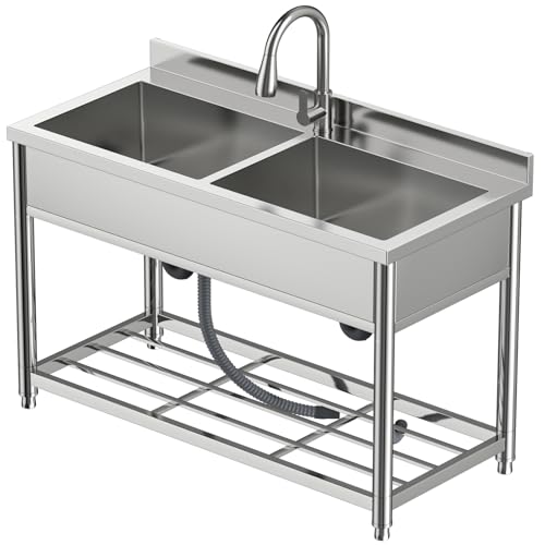 2-Compartment Stainless Steel Utility Sink with Pull-out Faucet W910