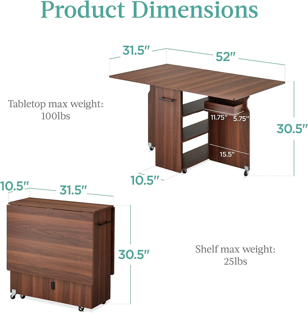 Folding Drop Leaf Dining Table with Wheels and 3 Storage Shelves Brown D32597