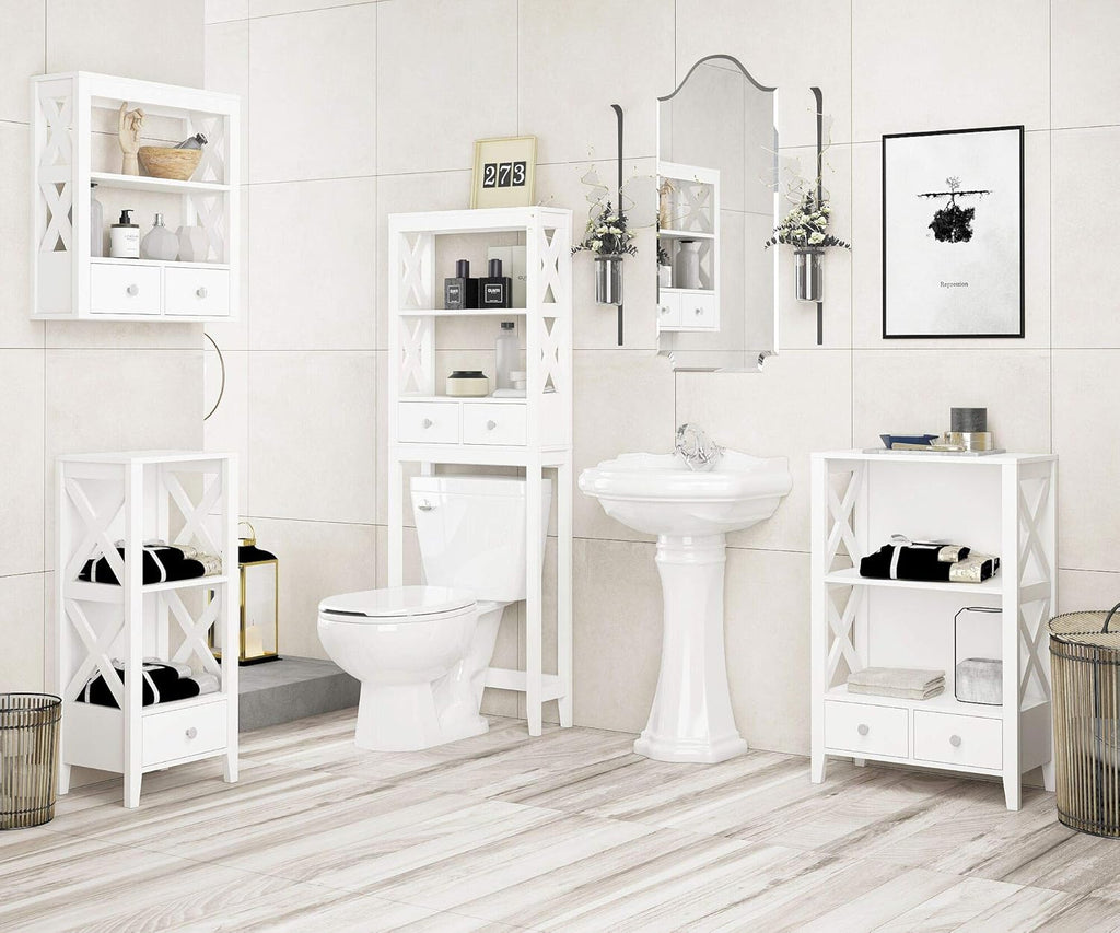 White Freestanding 3-Shelf Bathroom Storage Tower with Two Drawers E3947