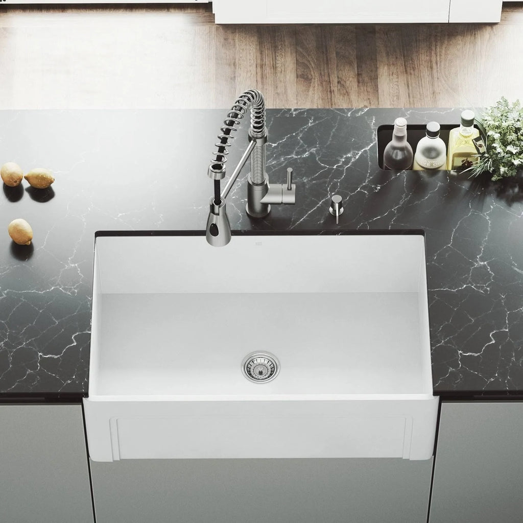 30 in. Matte Stone Farmhouse Kitchen Sink Set with Faucet in Stainless Steel G299811