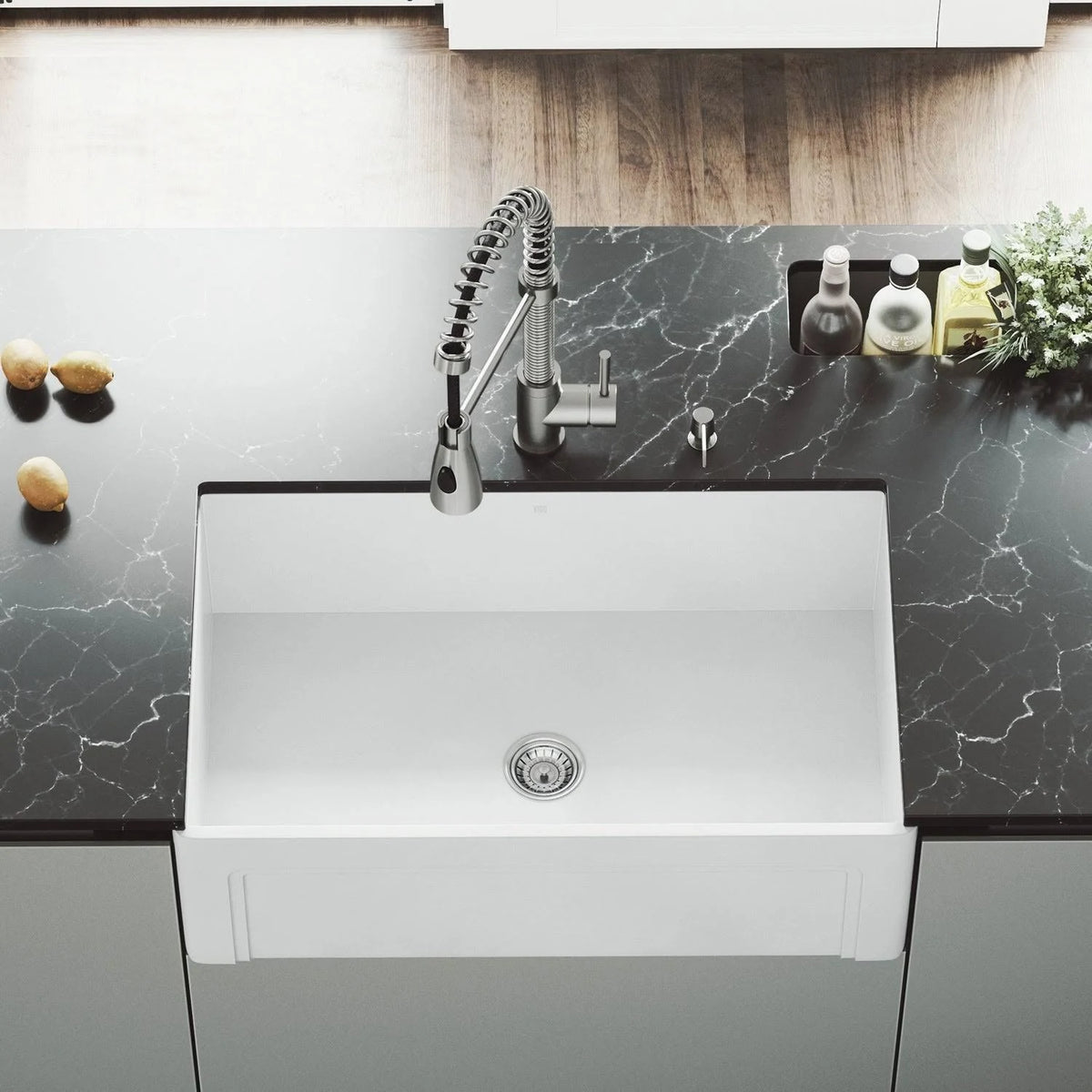 30 in. Matte Stone Farmhouse Kitchen Sink Set with Faucet in Stainless Steel G299811