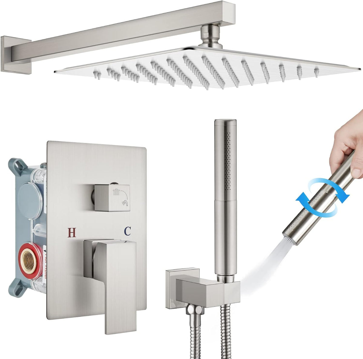 Chrome Polished 12 Inch Square Rainfall Shower System SUS304 Stainless Steel Shower Trim Kit 2 in 1 Handheld Shower with Rough-in Valve R641