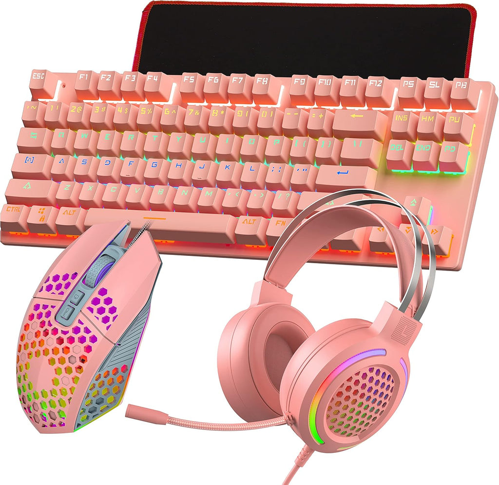 Gaming Mechanical Keyboard and Mouse Headset Mousepad Combo, 4 in 1, RGB Backlit Green axis, Wired, 8000 DPI, USB 7.1 Surround Sound Headphone with Mic, Black, Pack of 2 Q636068