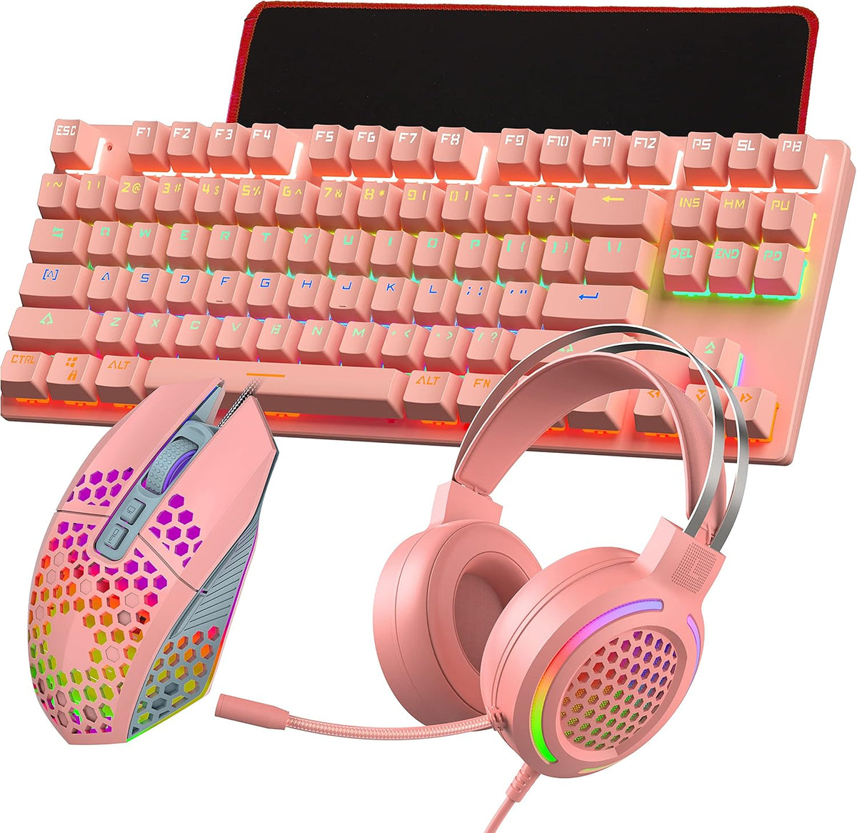 Gaming Mechanical Keyboard and Mouse Headset Mousepad Combo, 4 in 1, RGB Backlit Green axis, Wired, 8000 DPI, USB 7.1 Surround Sound Headphone with Mic, Black, Pack of 2 Q636068