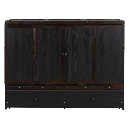 Queen Size Wooden Murphy Bed with USB Charging Station and Drawer G61467