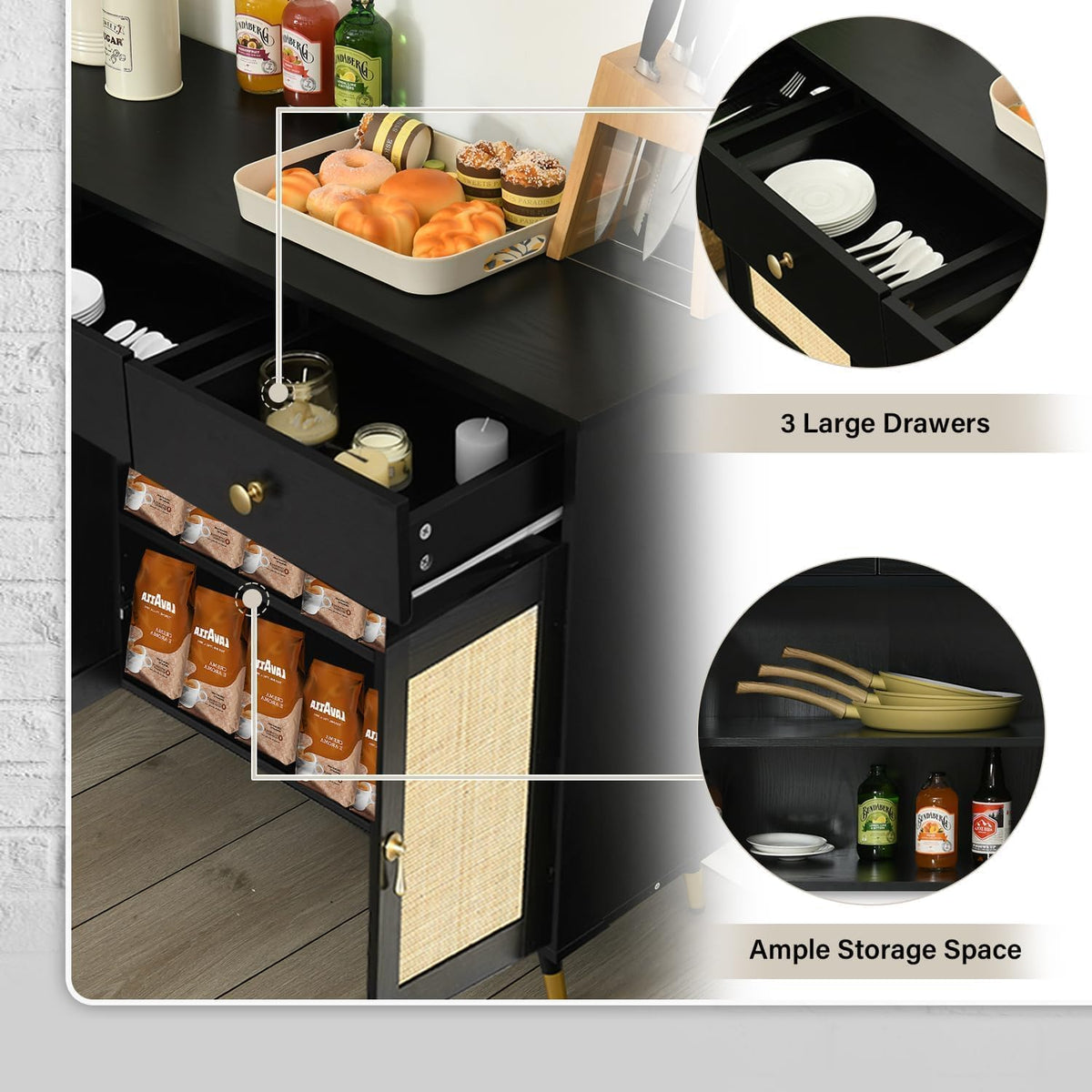 Black Sideboard Storage Cabinet with 4 Rattan Doors and 2 Drawers T833344
