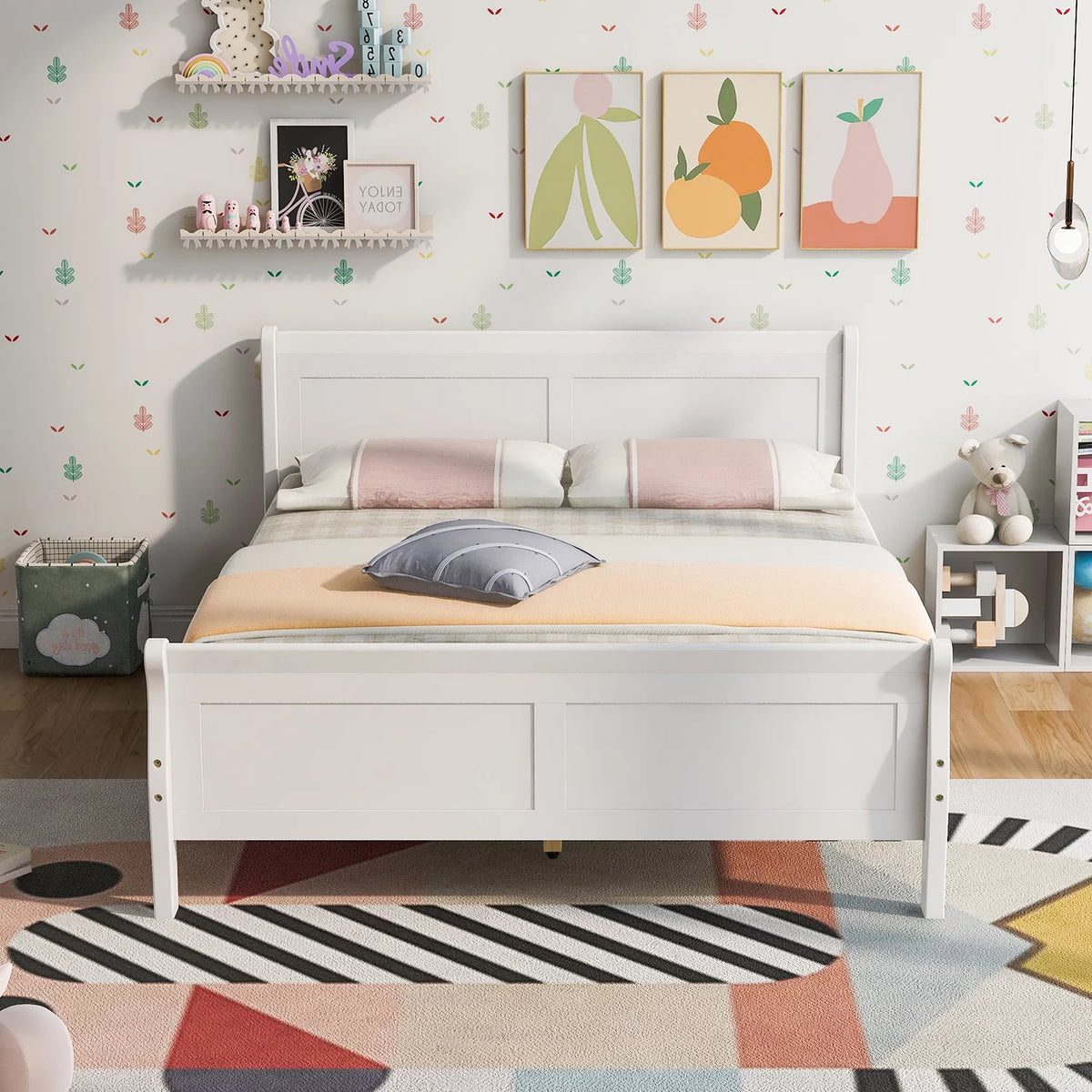 White Full Size Platform Bed Frame with Wood Headboard and Footboard E85039