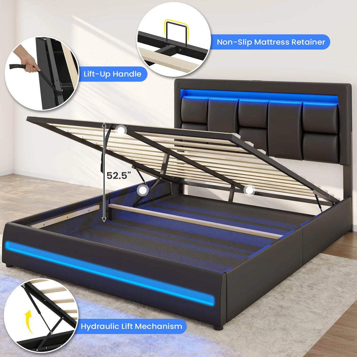 Queen Size Lift Up Storage Upholstered Platform Bed Frame with Charging Ports and LED Lights Y33100