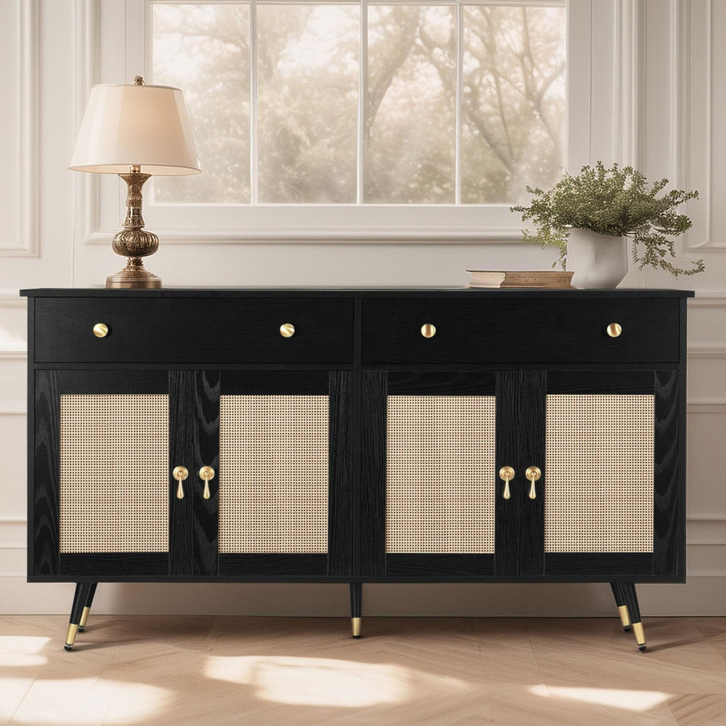 Black Sideboard Storage Cabinet with 4 Rattan Doors and 2 Drawers T833344