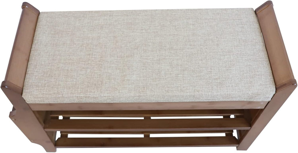 2 Tier Bamboo Shoe Bench with Seat Cushion S2516