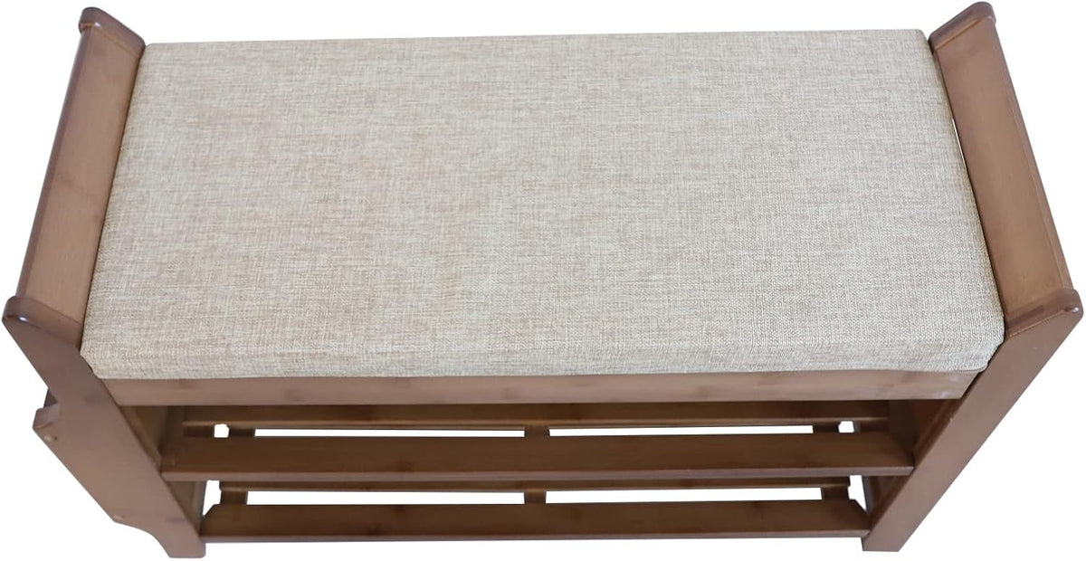 2 Tier Bamboo Shoe Bench with Seat Cushion S2516