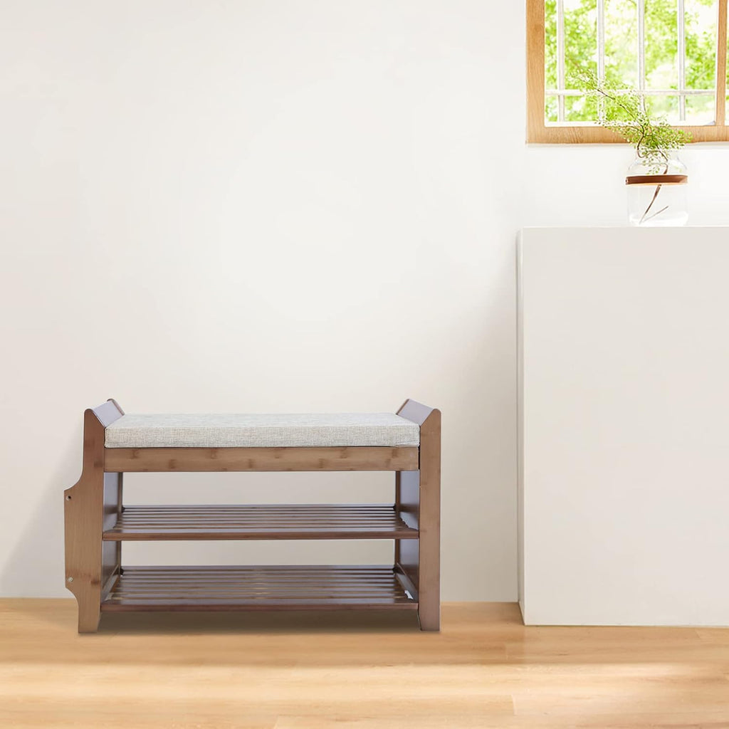 2 Tier Bamboo Shoe Bench with Seat Cushion S2516