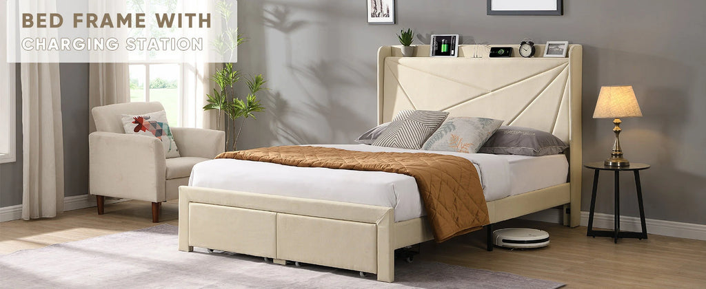 Beige Full Size Bed Frame with 2 Storage Drawers P556998