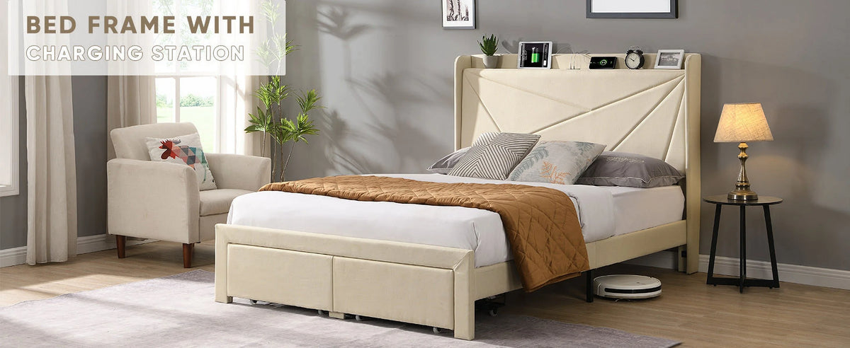 Beige Full Size Bed Frame with 2 Storage Drawers P556998