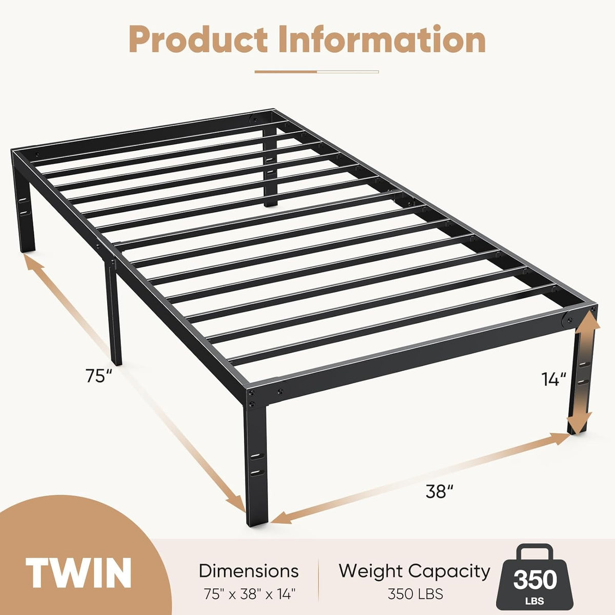 Twin Size Metal Platform Bed Frame with Steel Slat Support, Black G654