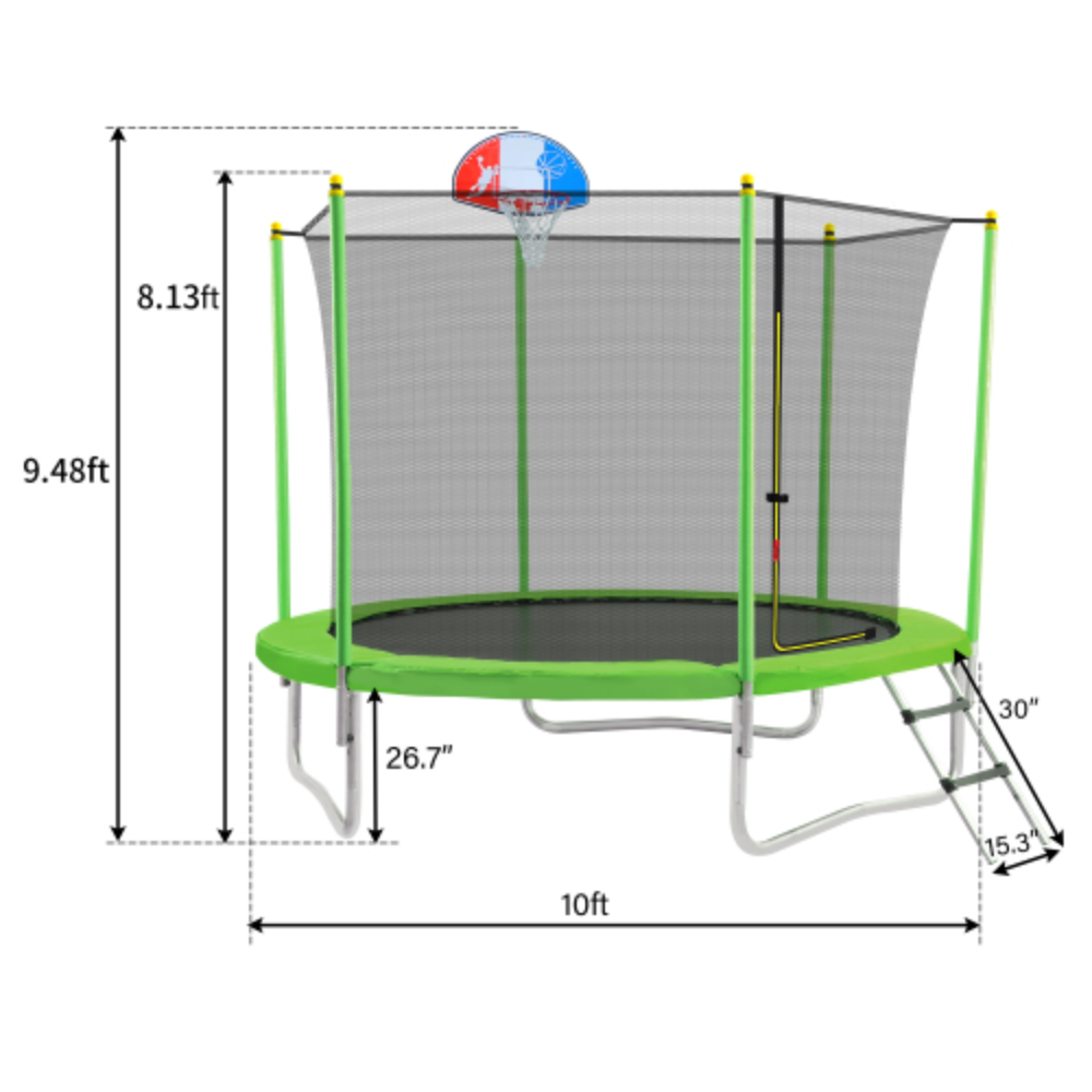 10FT Round Trampoline with Safety Enclosure Net, Basketball Hoop and Ladder N224