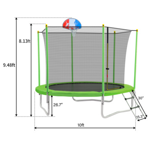 10FT Round Trampoline with Safety Enclosure Net, Basketball Hoop and Ladder N224