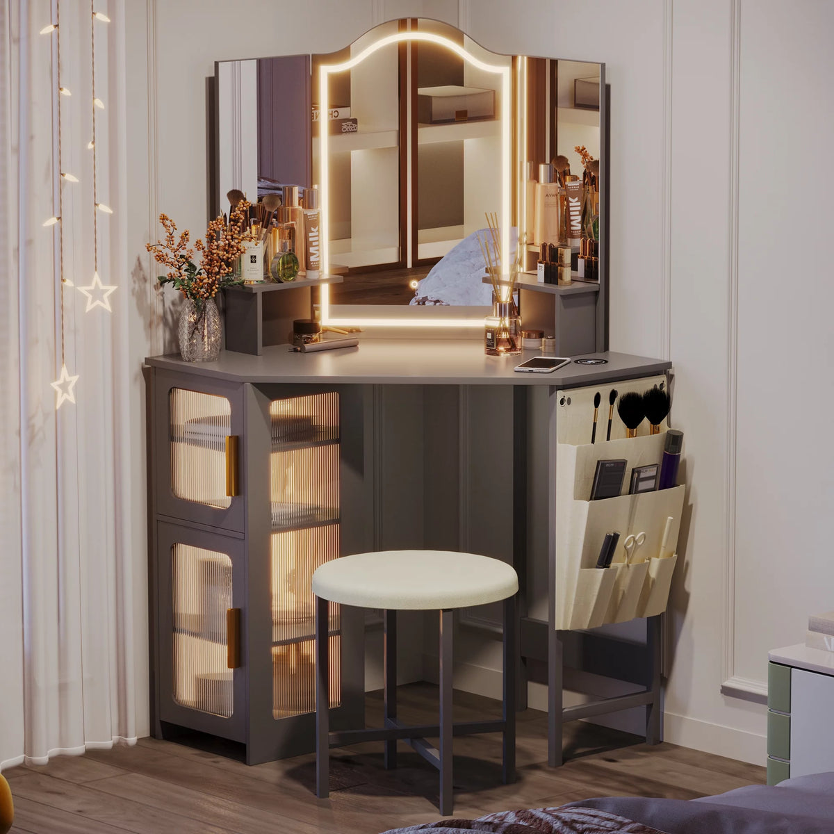 White Makeup Vanity Desk with Stool O274157