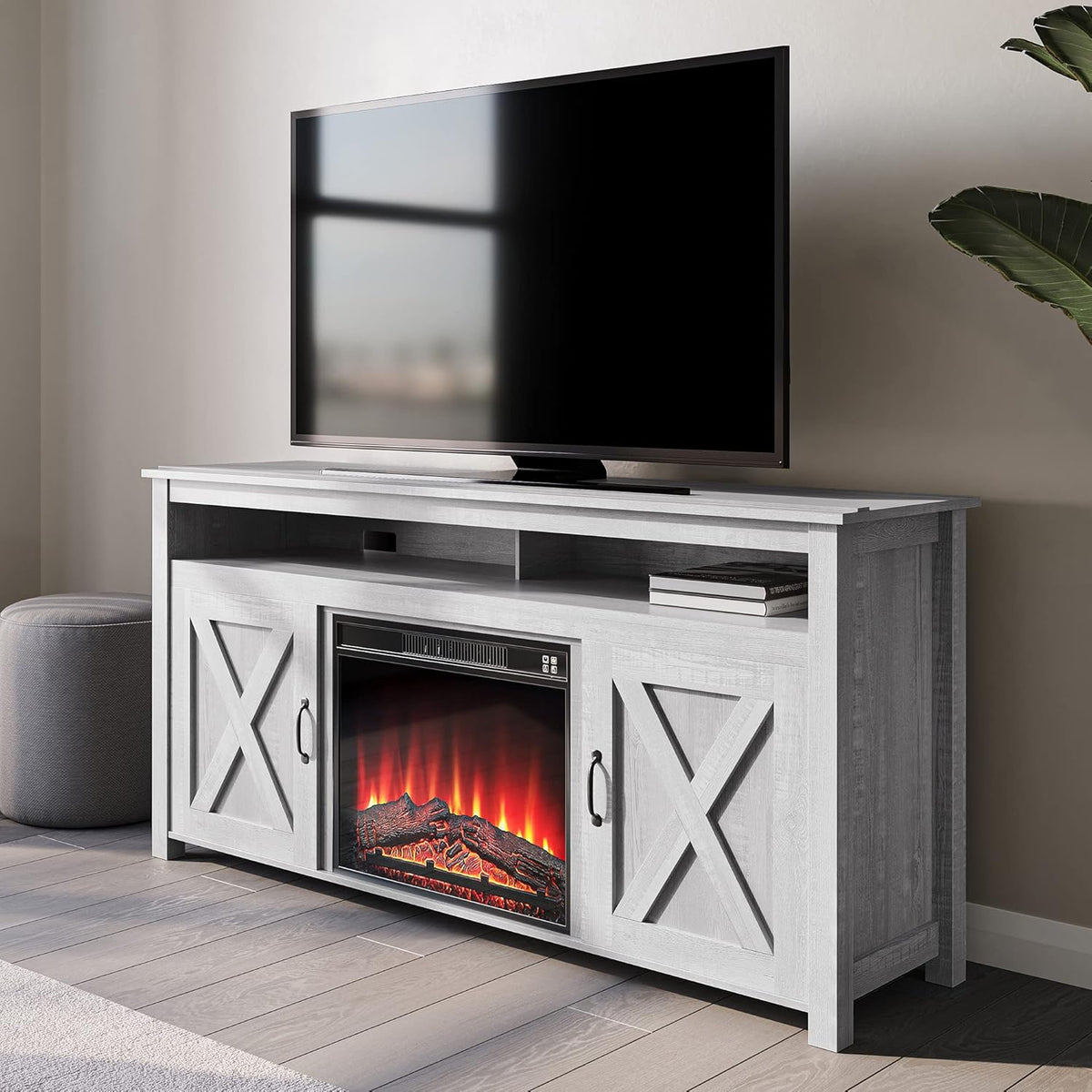 Barn Door Wood Electric Fireplace TV Stand with Two Open Shelves and Cabinets U1344