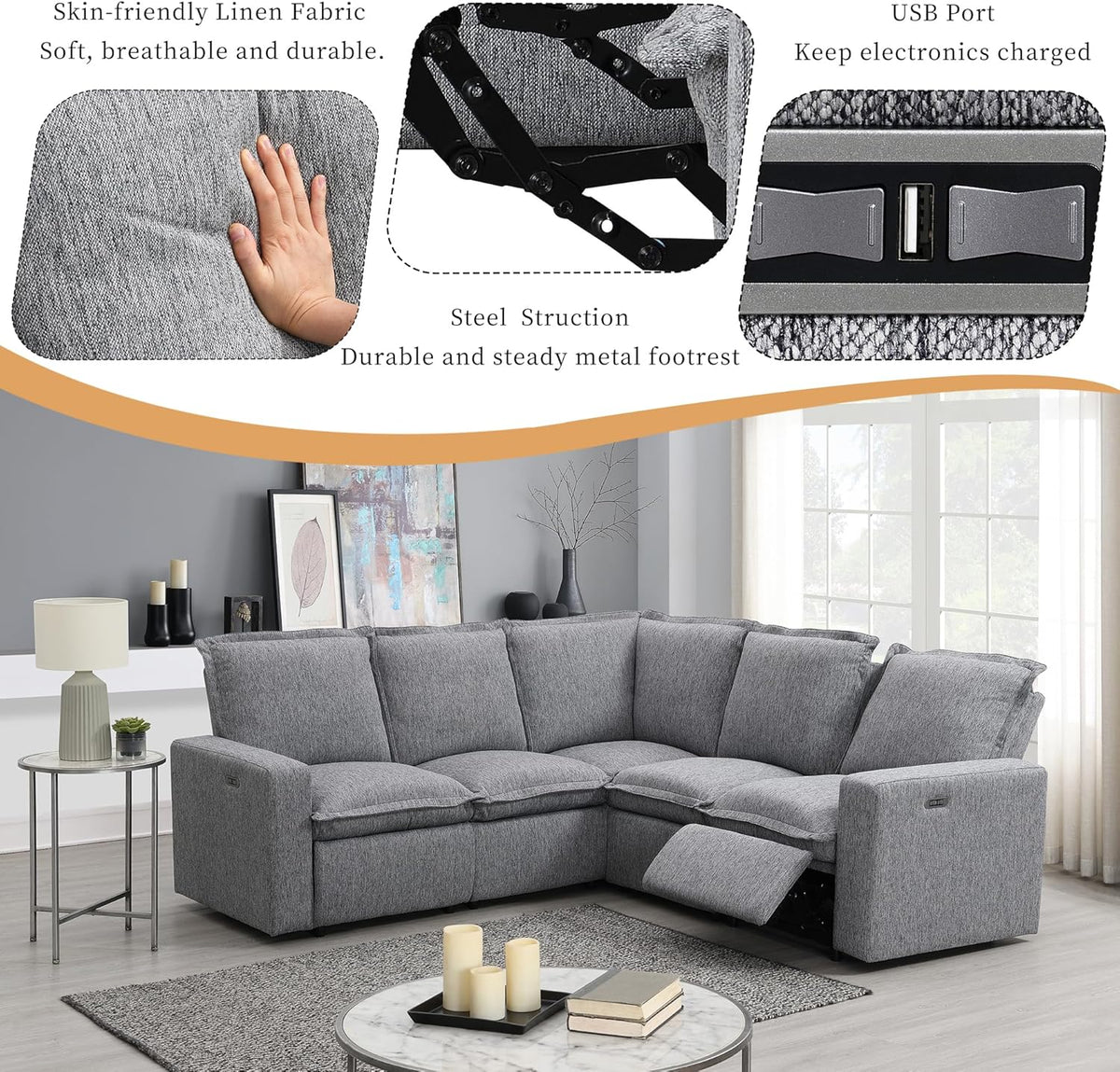 Modular Sectional Sofa with Power Recliner and USB Port K655