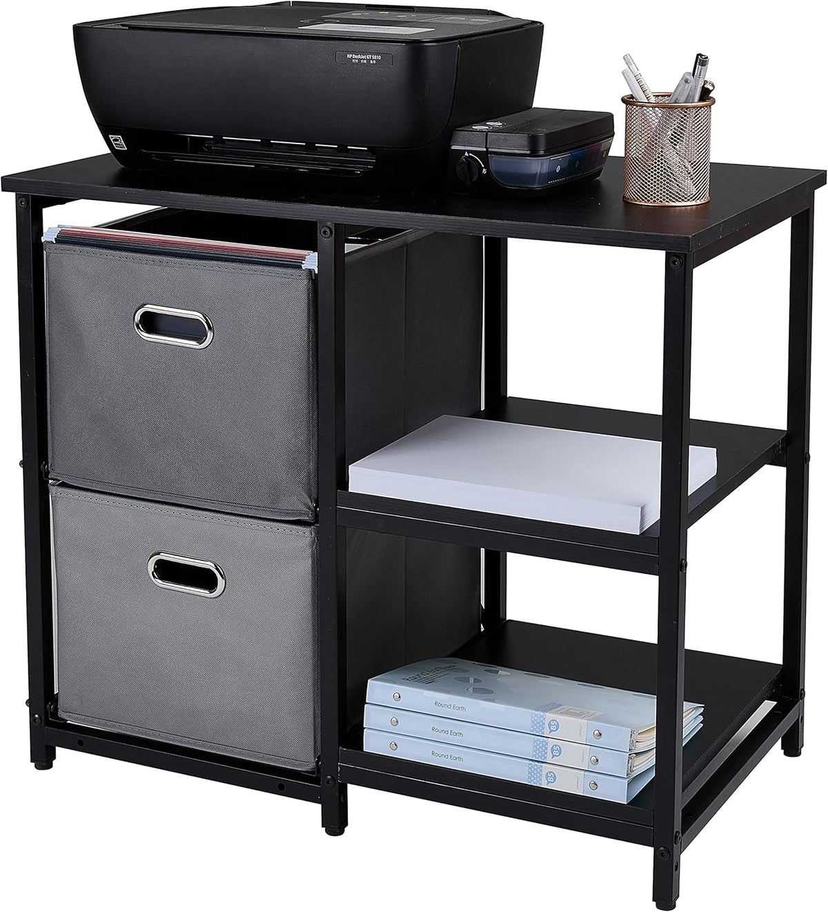 Black 2 Drawer Wooden Lateral File Cabinet with 2 Open Shelves W75244