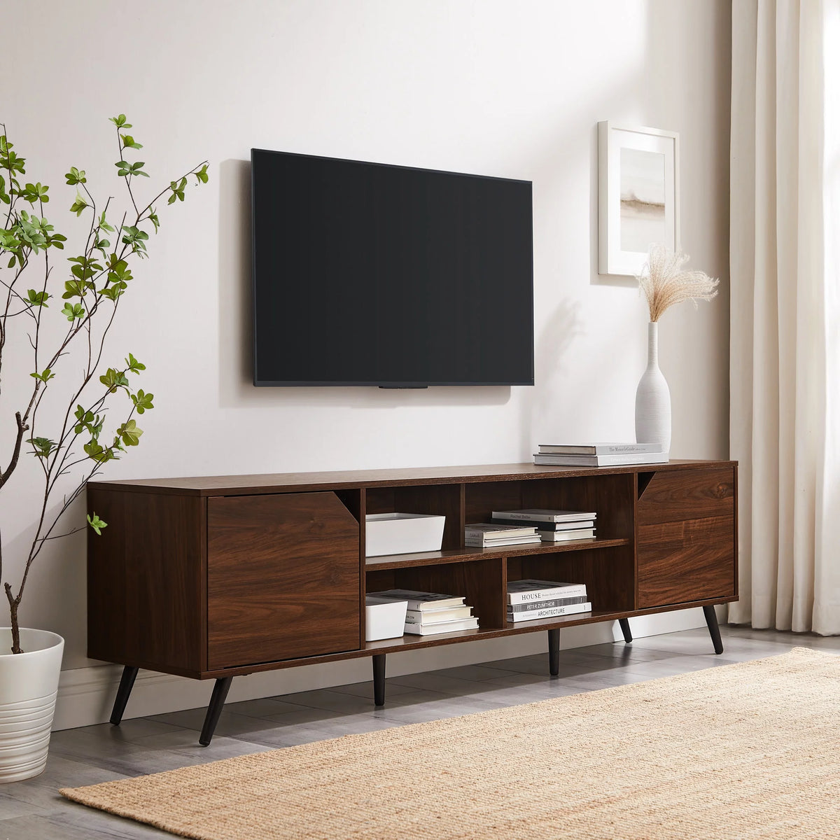 Mid-Century Modern Angle-Door TV Stand, Dark Walnut Y380563